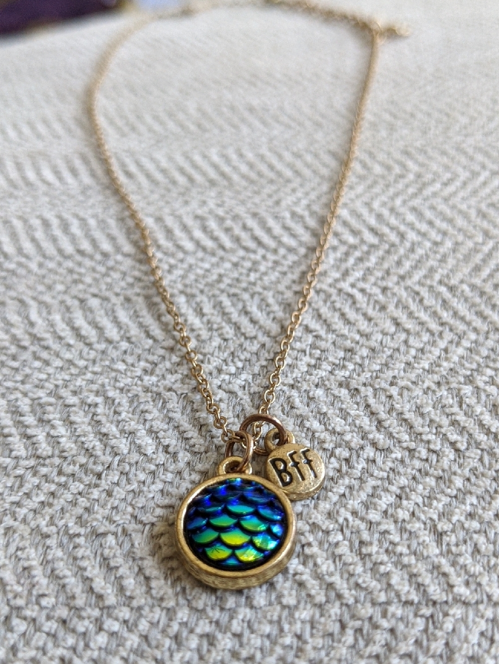 Gold-tone BFF Charm Necklace with Blue-Green Mermaid Scale Pendant